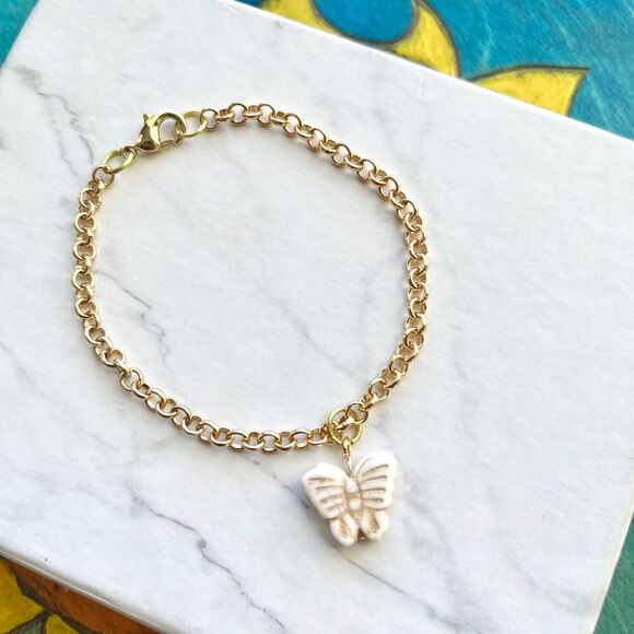 White Butterfly Charm Gold Chain Bracelet - Picture 2 of 5